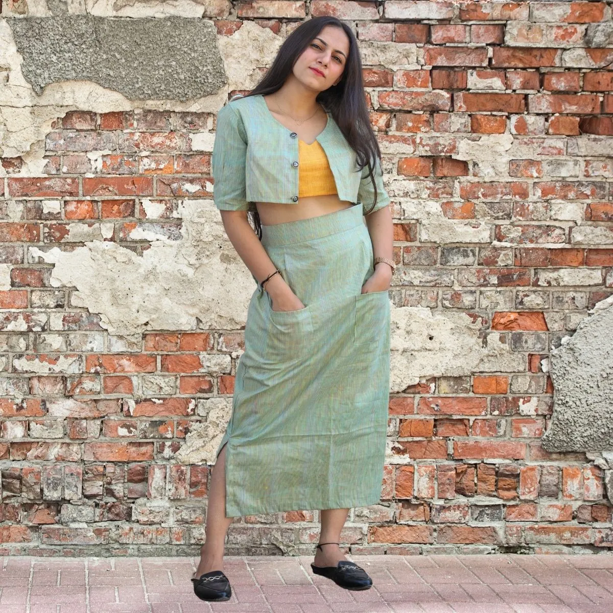 Crop Top, Jacket, Skirt Set For Women | Stylish Smart Wear | Mint Green & Yellow
