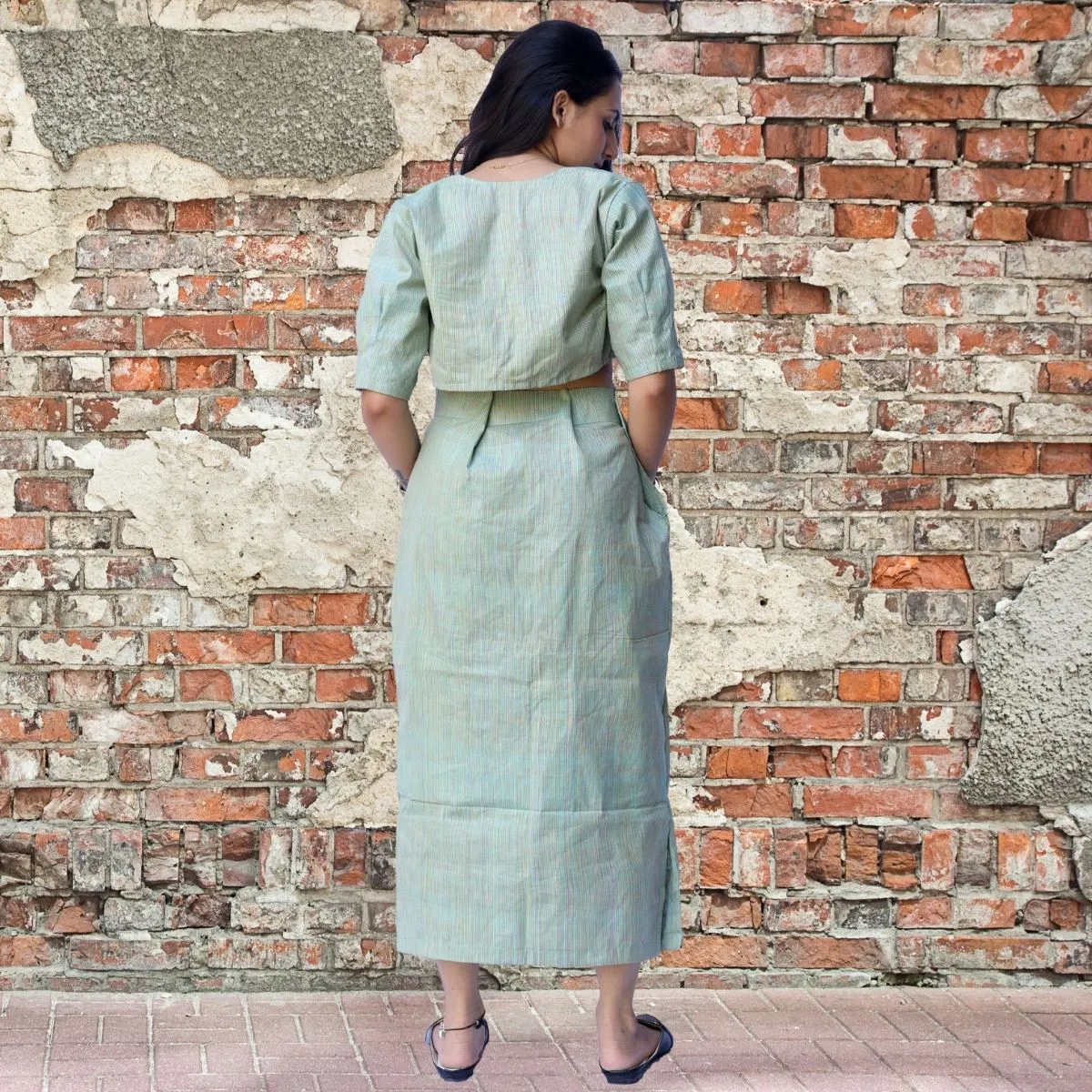 Crop Top, Jacket, Skirt Set For Women | Stylish Smart Wear | Mint Green & Yellow