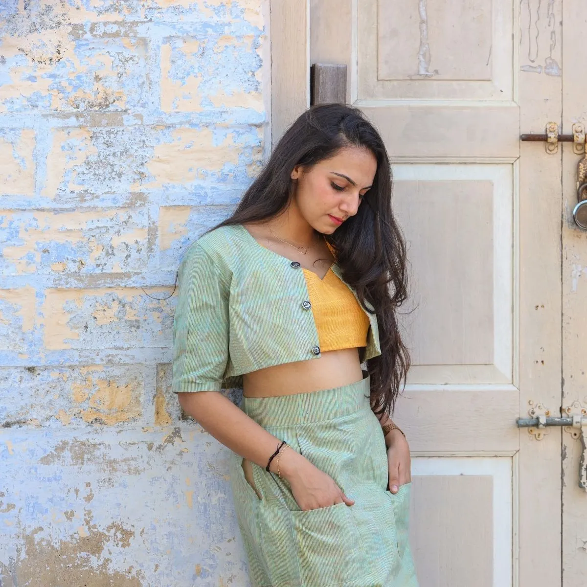 Crop Top, Jacket, Skirt Set For Women | Stylish Smart Wear | Mint Green & Yellow