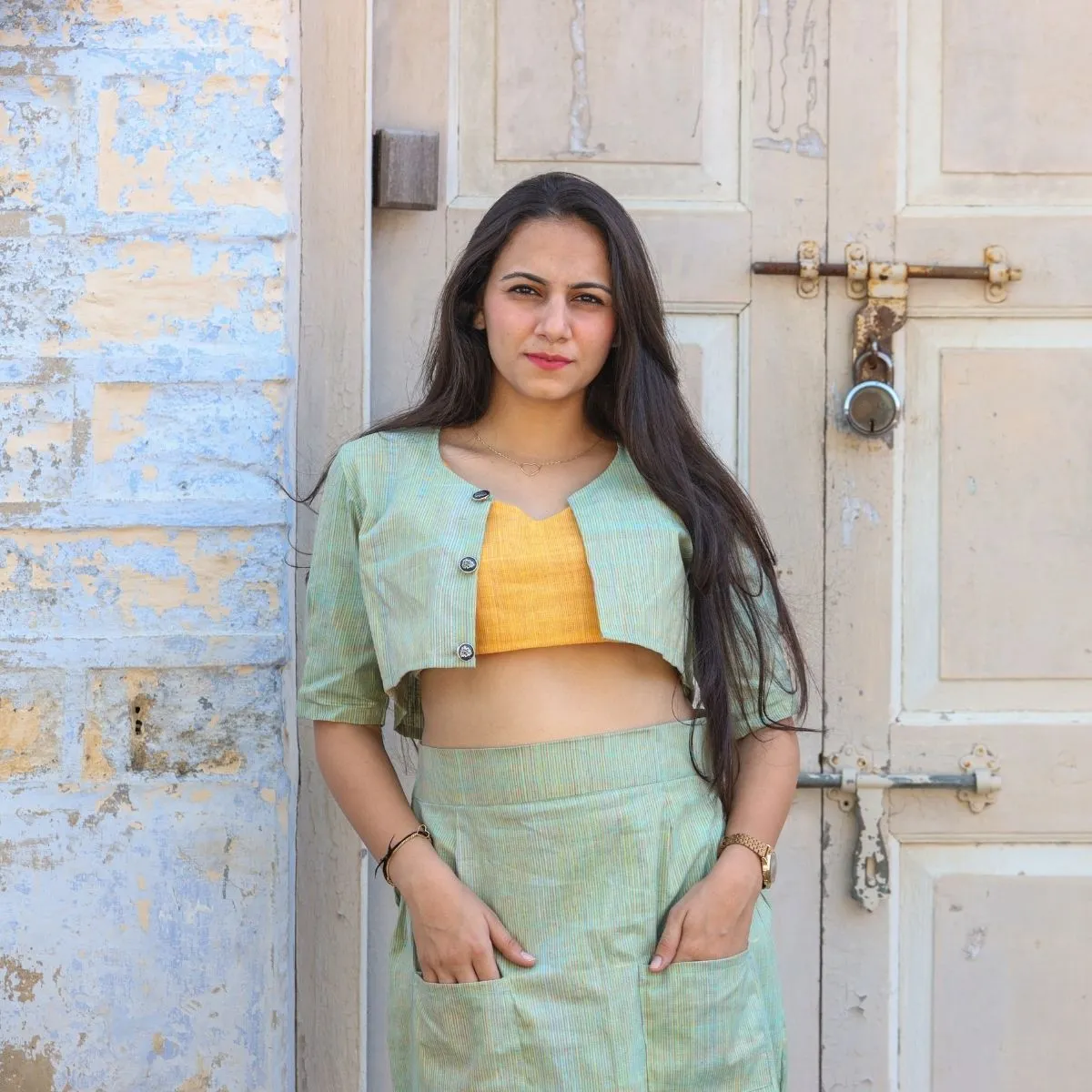 Crop Top, Jacket, Skirt Set For Women | Stylish Smart Wear | Mint Green & Yellow