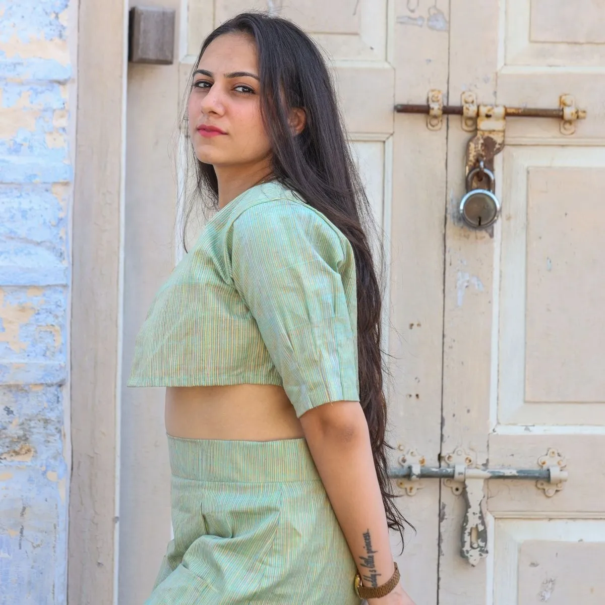 Crop Top, Jacket, Skirt Set For Women | Stylish Smart Wear | Mint Green & Yellow