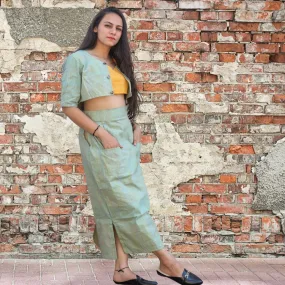 Crop Top, Jacket, Skirt Set For Women | Stylish Smart Wear | Mint Green & Yellow