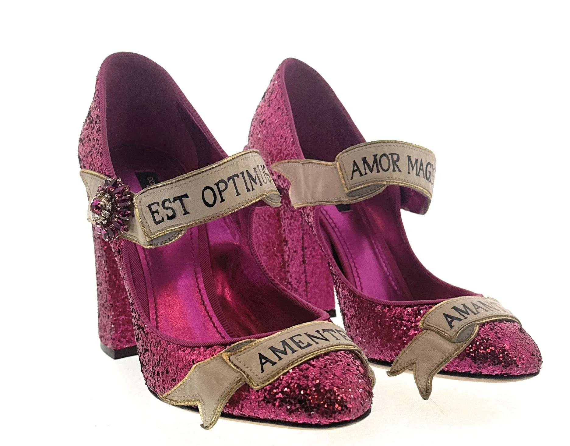 Dolce & Gabbana Fuchsia Glitter Mary Jane Block Heels-EU38