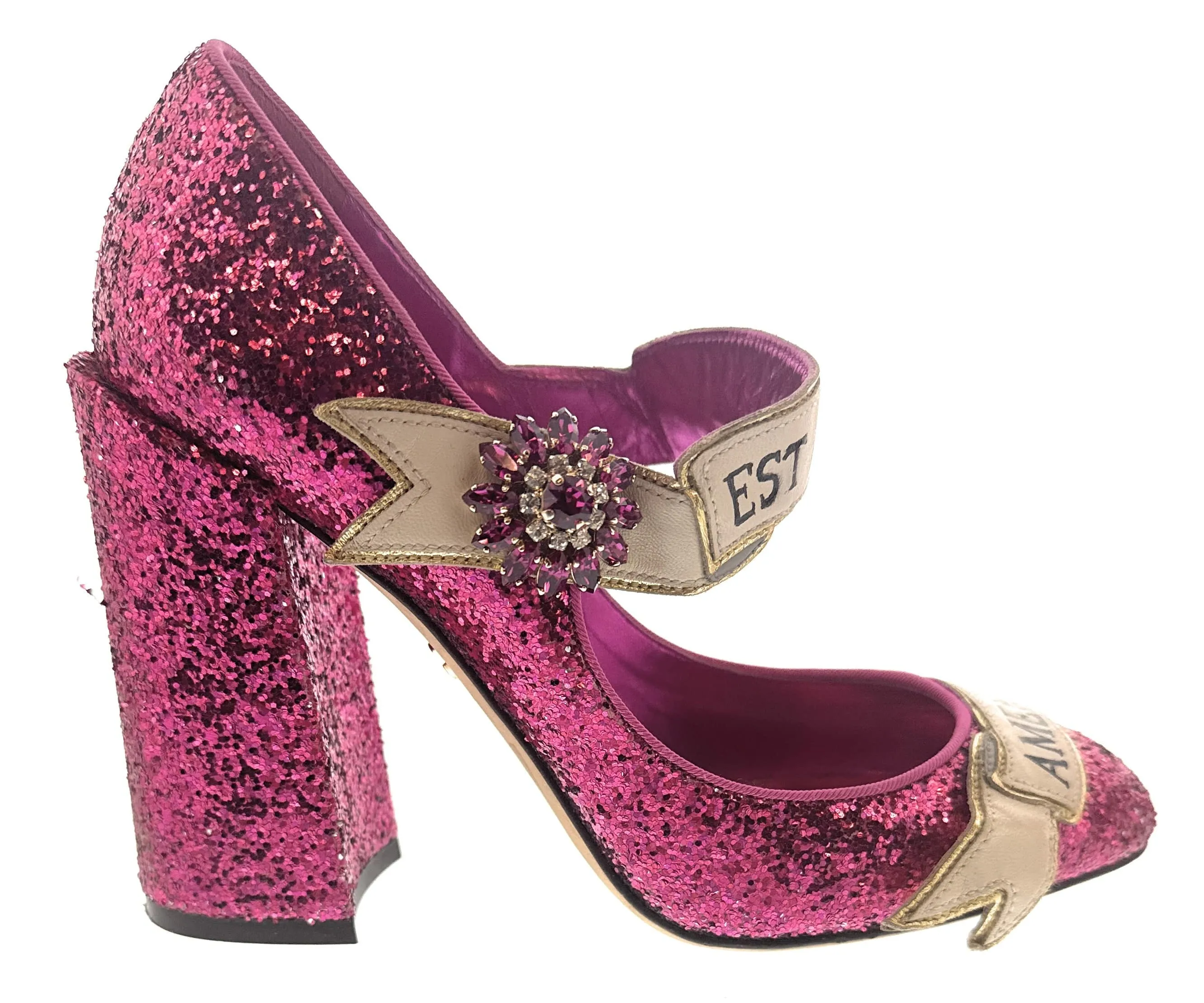 Dolce & Gabbana Fuchsia Glitter Mary Jane Block Heels-EU38