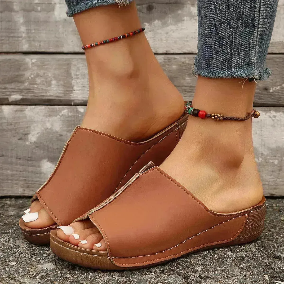 Fashion Solid Wedges Sandals Summer Casual Peep-toe Slippers Outdoor Thick Sole Heightening Slides Shoes Women