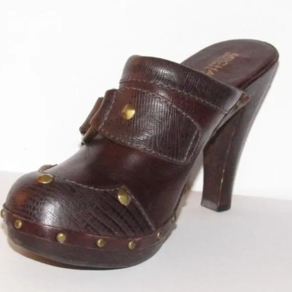 Michael Kors Brown Leather Gold Rivets Mule Slides