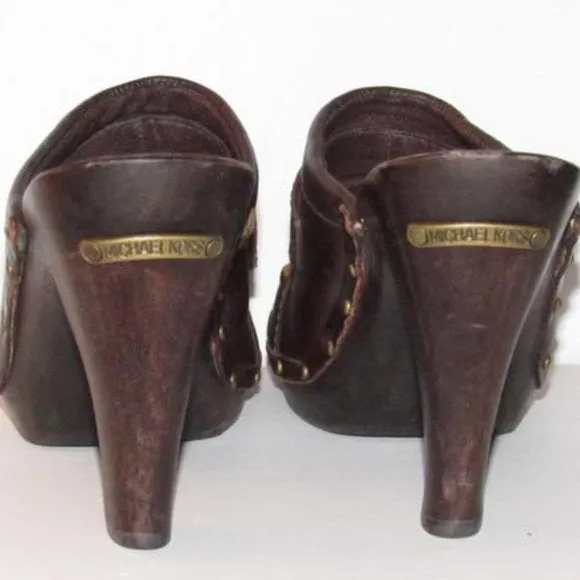 Michael Kors Brown Leather Gold Rivets Mule Slides