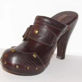 Michael Kors Brown Leather Gold Rivets Mule Slides
