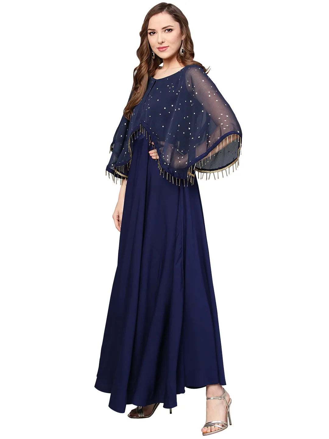 Navy Blue Solid A-Line Layered Dress
