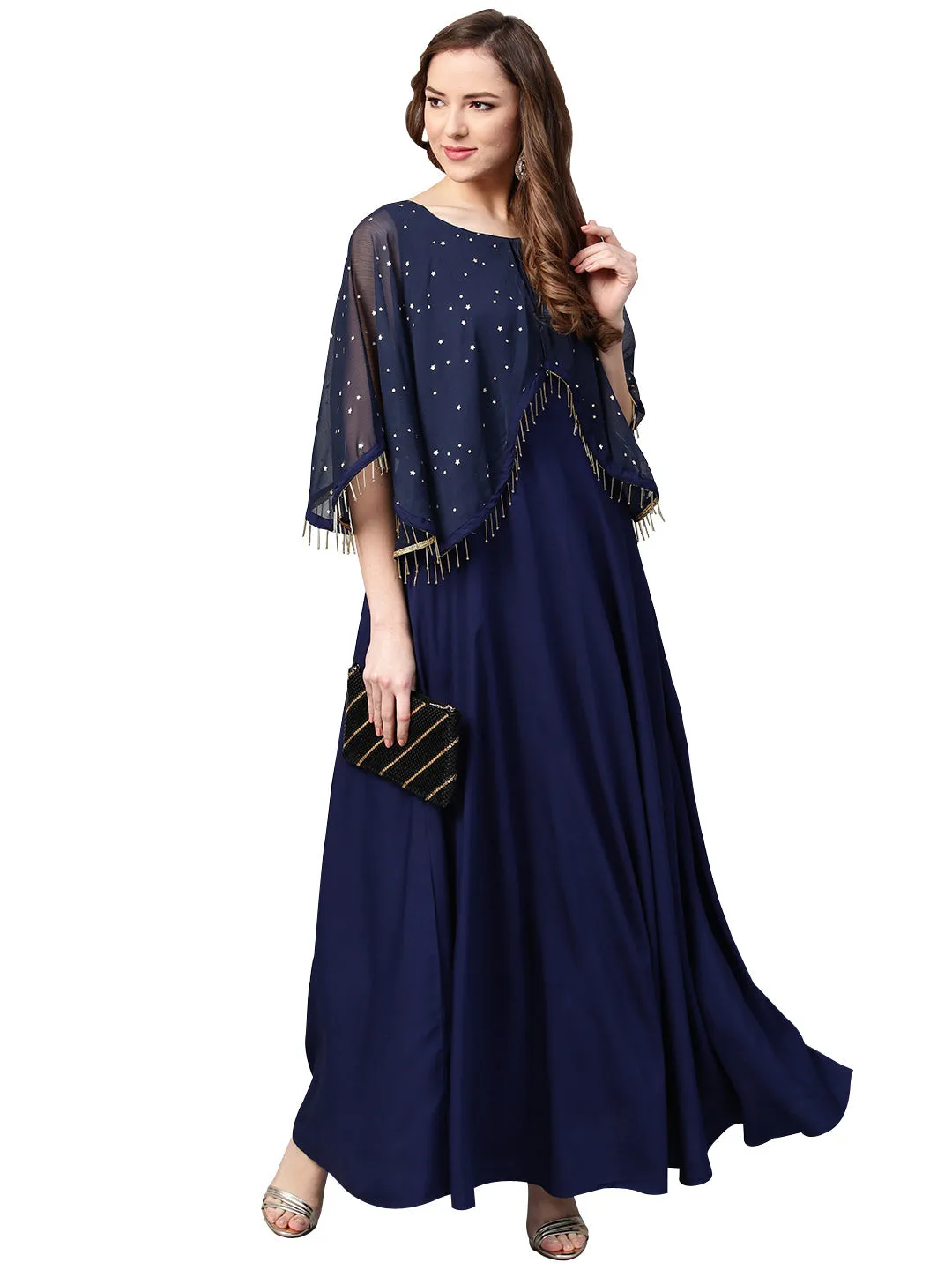 Navy Blue Solid A-Line Layered Dress