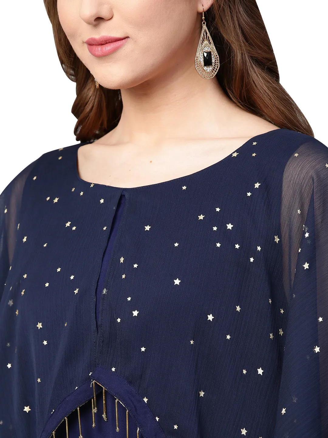 Navy Blue Solid A-Line Layered Dress