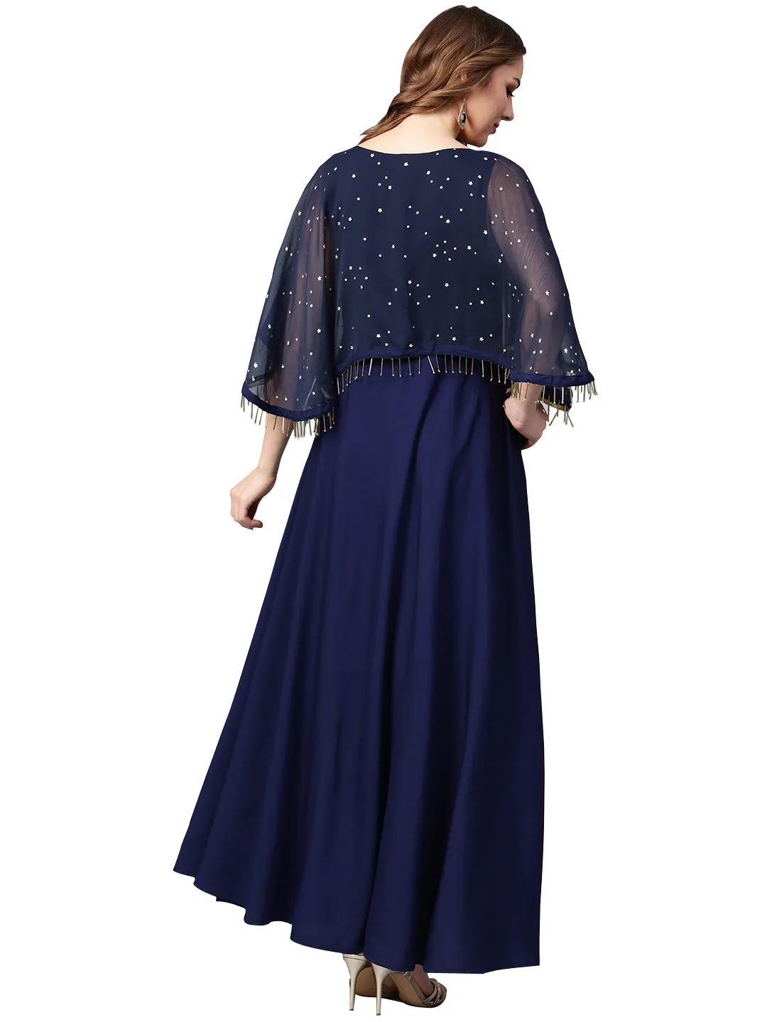 Navy Blue Solid A-Line Layered Dress