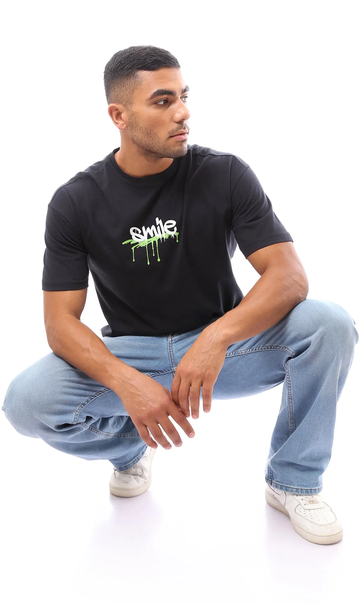 O170295 Short Sleeves Printed "Smile" Black Cotton Tee