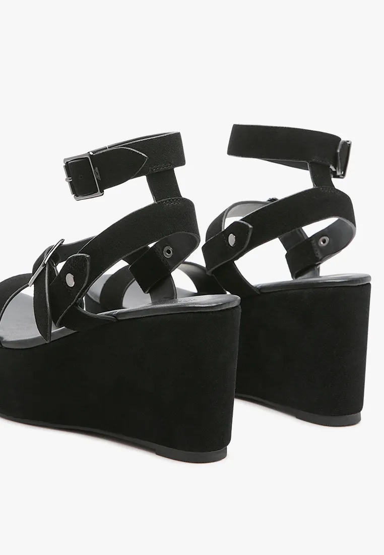 PORTIA Leather Wedge Sandal in Black